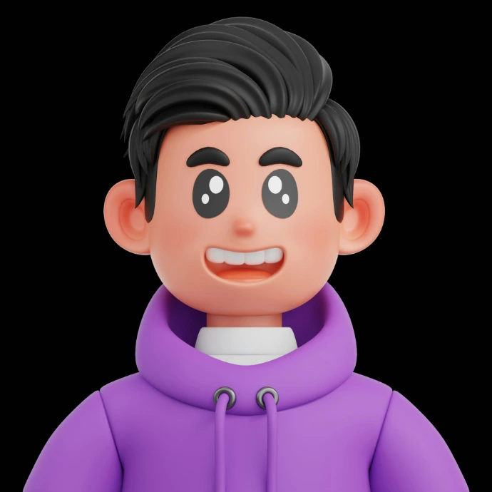 A cartoon boy with black hair wearing a purple hoodie