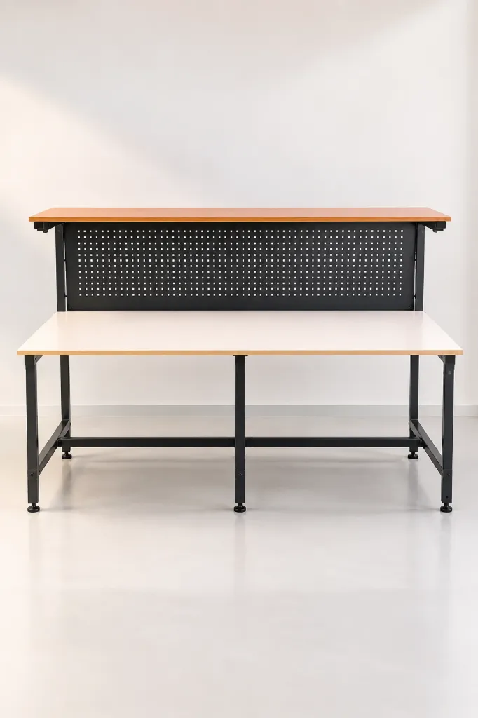 Minimalist Industrial Workbench with Pegboard.webp
