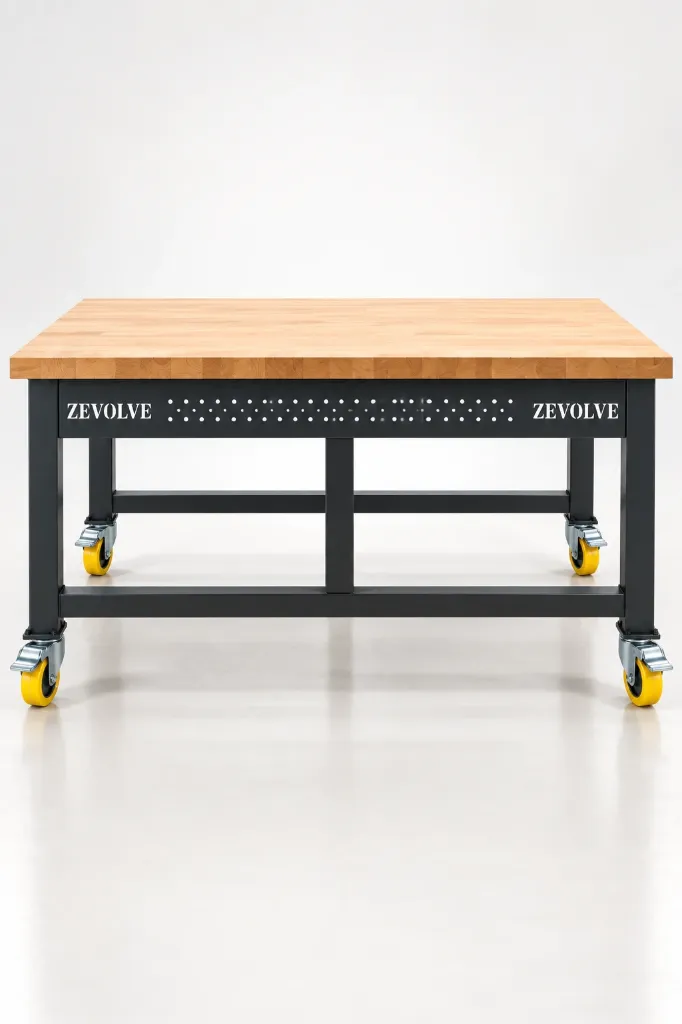 Heavy-Duty ZEVOLVE Workbench with Yellow Casters.webp